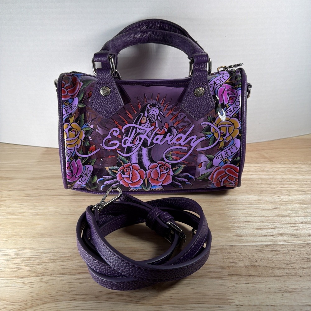 Ed Hardy Purple Jelly Swim Beach Bag Satchel/Crossbody Bag Panther Rose Live